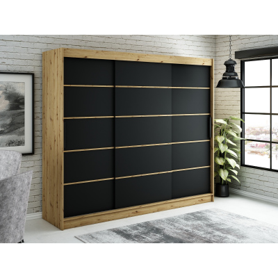 Šatní skříň s posuvnými dveřmi LURDES 4 - šířka 250 cm, dub artisan / černá