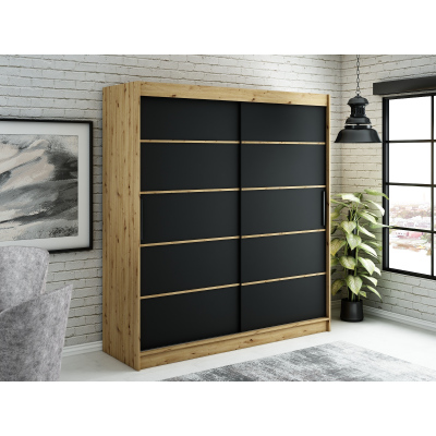 Šatní skříň s posuvnými dveřmi LURDES 4 - šířka 200 cm, dub artisan / černá