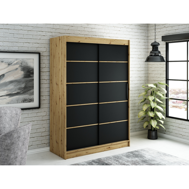 Šatní skříň s posuvnými dveřmi LURDES 4 - šířka 150 cm, dub artisan / černá