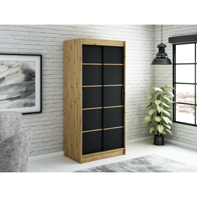 Šatní skříň s posuvnými dveřmi LURDES 4 - šířka 100 cm, dub artisan / černá