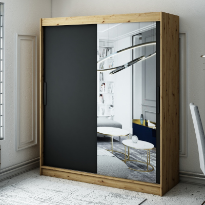 Šatní skříň s posuvnými dveřmi LURDES 3 - šířka 180 cm, dub artisan / černá