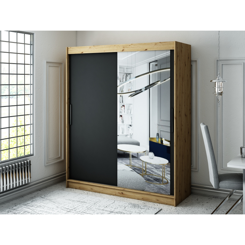 Šatní skříň s posuvnými dveřmi LURDES 3 - šířka 180 cm, dub artisan / černá