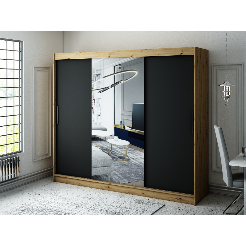 Šatní skříň s posuvnými dveřmi LURDES 2 - šířka 250 cm, dub artisan / černá