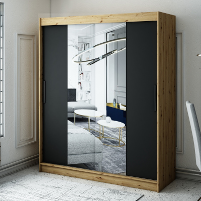 Šatní skříň s posuvnými dveřmi LURDES 2 - šířka 180 cm, dub artisan / černá