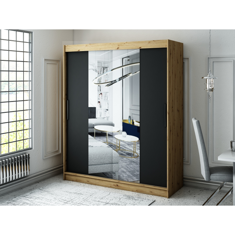 Šatní skříň s posuvnými dveřmi LURDES 2 - šířka 180 cm, dub artisan / černá