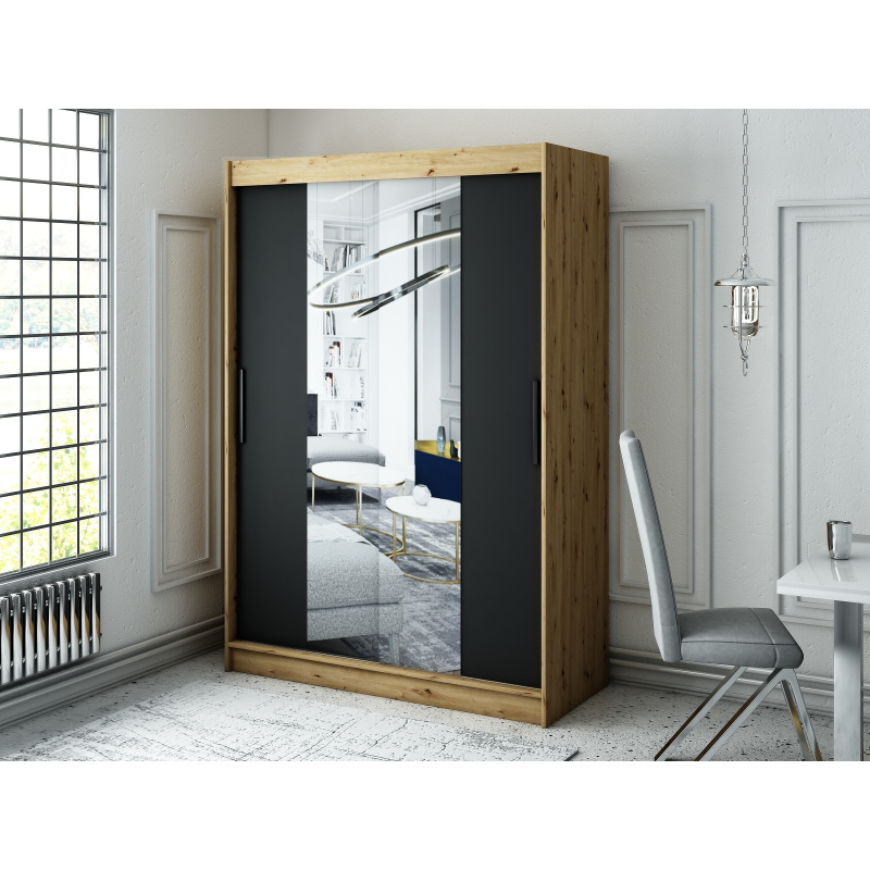 Šatní skříň s posuvnými dveřmi LURDES 2 - šířka 150 cm, dub artisan / černá