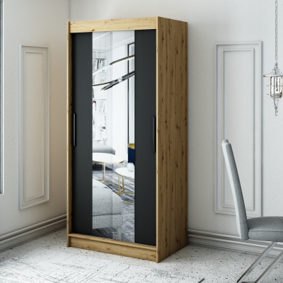 Šatní skříň s posuvnými dveřmi LURDES 2 - šířka 100 cm, dub artisan / černá
