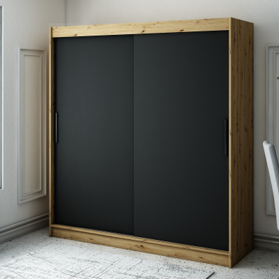 Šatní skříň s posuvnými dveřmi LURDES 1 - šířka 200 cm, dub artisan / černá