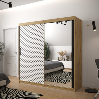 Skříň s grafikou a zrcadlem JANETTE 3 - šířka 200 cm, dub artisan / bílá