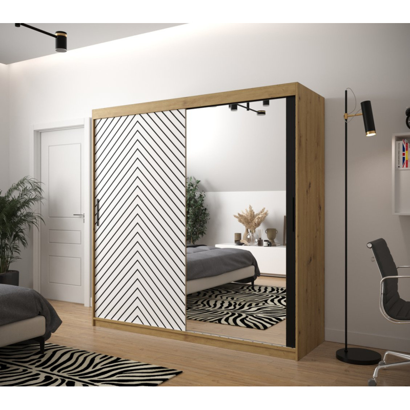 Skříň s grafikou a zrcadlem JANETTE 3 - šířka 200 cm, dub artisan / bílá