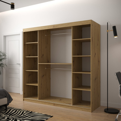 Skříň s grafikou a zrcadlem JANETTE 3 - šířka 200 cm, dub artisan / bílá