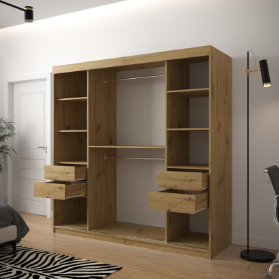 Skříň s grafikou a zrcadlem JANETTE 3 - šířka 200 cm, dub artisan / bílá