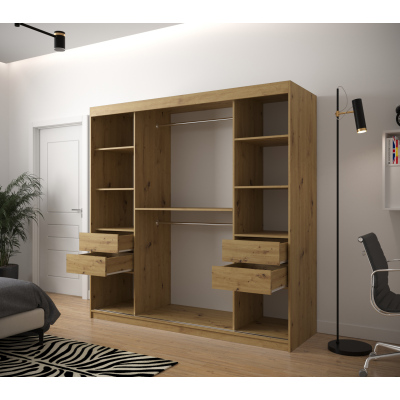 Skříň s grafikou a zrcadlem JANETTE 3 - šířka 200 cm, dub artisan / bílá