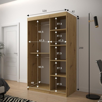 Skříň s grafikou a zrcadlem JANETTE 3 - šířka 120 cm, bílá / dub artisan