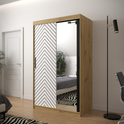 Skříň s grafikou a zrcadlem JANETTE 3 - šířka 120 cm, dub artisan / bílá