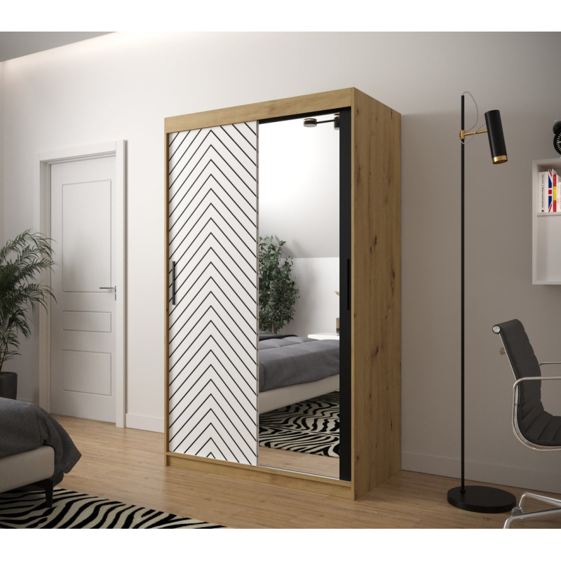 Skříň s grafikou a zrcadlem JANETTE 3 - šířka 120 cm, dub artisan / bílá