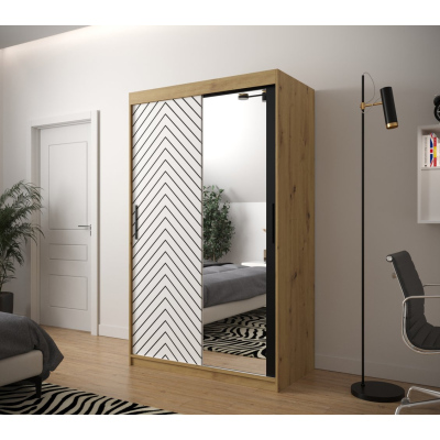 Skříň s grafikou a zrcadlem JANETTE 3 - šířka 120 cm, dub artisan / bílá