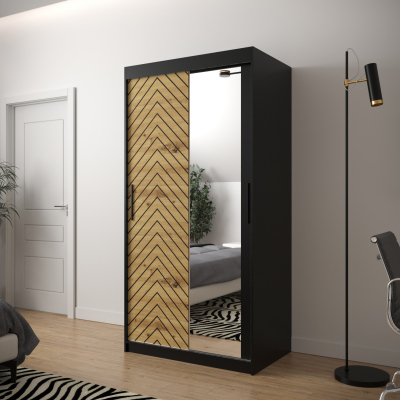 Skříň s grafikou a zrcadlem JANETTE 3 - šířka 100 cm, černá / dub artisan