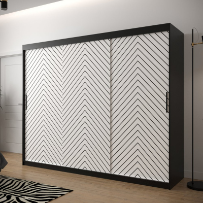 Šatní skříň s grafikou JANETTE 2 - šířka 250 cm, černá / bílá