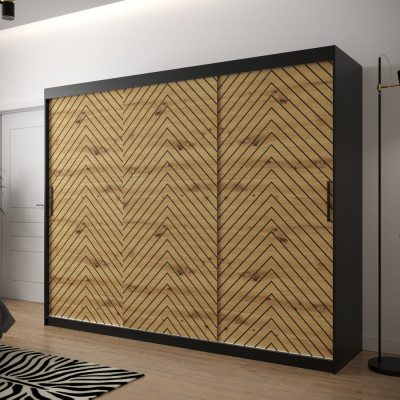 Šatní skříň s grafikou JANETTE 2 - šířka 250 cm, černá / dub artisan