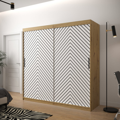 Šatní skříň s grafikou JANETTE 2 - šířka 200 cm, dub artisan / bílá