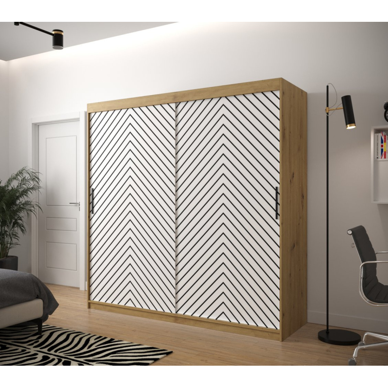 Šatní skříň s grafikou JANETTE 2 - šířka 200 cm, dub artisan / bílá
