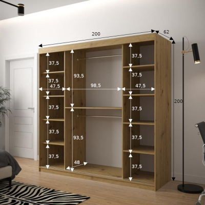 Šatní skříň s grafikou JANETTE 2 - šířka 200 cm, dub artisan / bílá