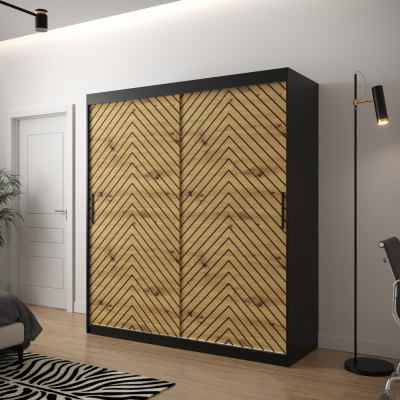 Šatní skříň s grafikou JANETTE 2 - šířka 180 cm, černá / dub artisan