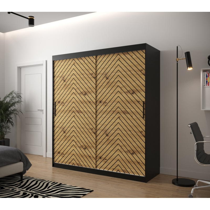 Šatní skříň s grafikou JANETTE 2 - šířka 180 cm, černá / dub artisan