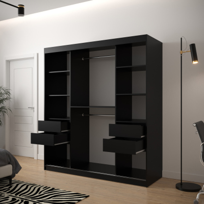 Šatní skříň s grafikou JANETTE 2 - šířka 180 cm, černá / dub artisan