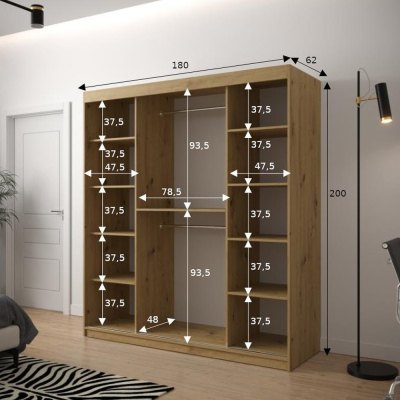 Šatní skříň s grafikou JANETTE 2 - šířka 180 cm, černá / dub artisan