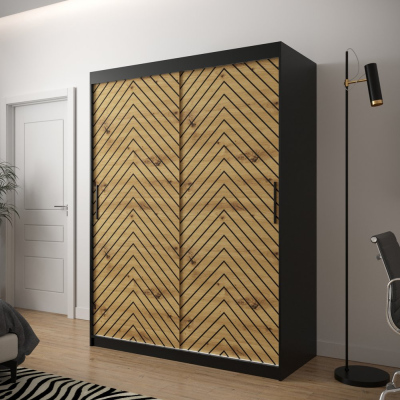 Šatní skříň s grafikou JANETTE 2 - šířka 150 cm, černá / dub artisan