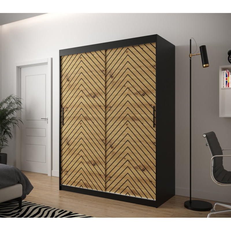 Šatní skříň s grafikou JANETTE 2 - šířka 150 cm, černá / dub artisan