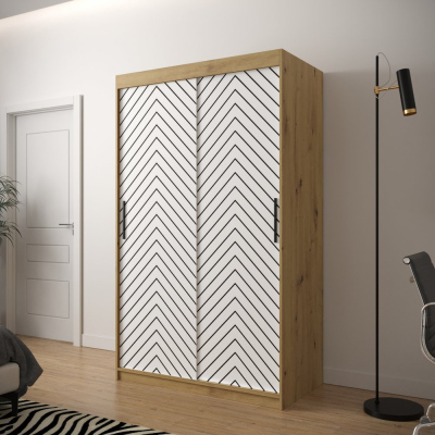 Šatní skříň s grafikou JANETTE 2 - šířka 120 cm, dub artisan / bílá