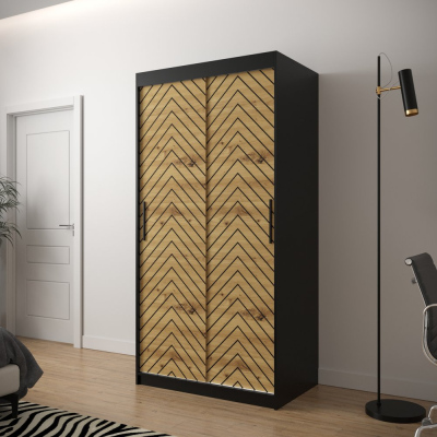 Šatní skříň s grafikou JANETTE 2 - šířka 100 cm, černá / dub artisan