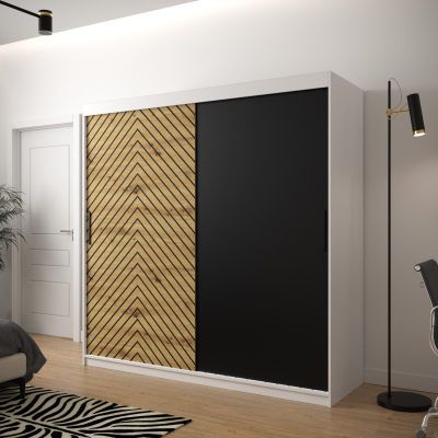 Šatní skříň s grafikou JANETTE 1 - šířka 200 cm, bílá / dub artisan / černá