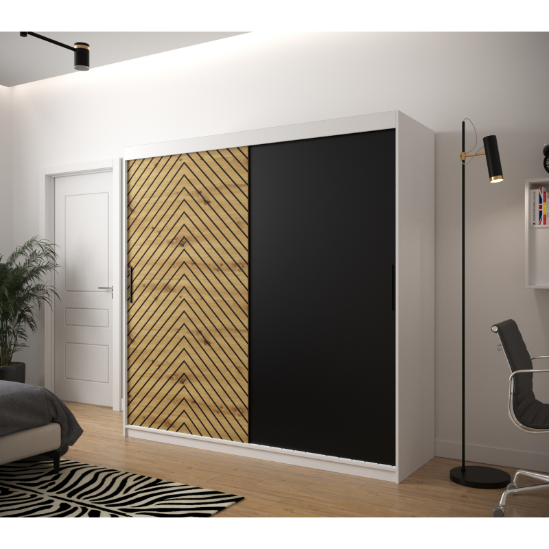 Šatní skříň s grafikou JANETTE 1 - šířka 200 cm, bílá / dub artisan / černá