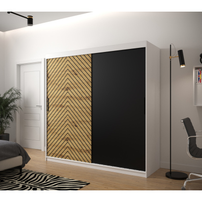 Šatní skříň s grafikou JANETTE 1 - šířka 200 cm, bílá / dub artisan / černá