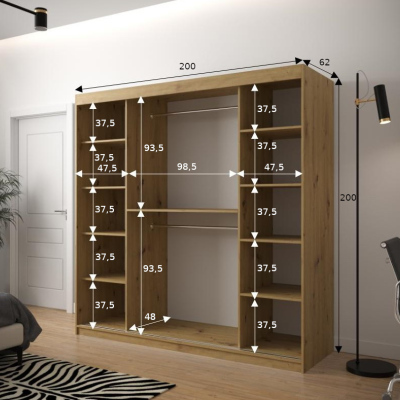 Šatní skříň s grafikou JANETTE 1 - šířka 200 cm, bílá / dub artisan / černá