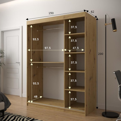 Šatní skříň s grafikou JANETTE 1 - šířka 150 cm, černá / bílá