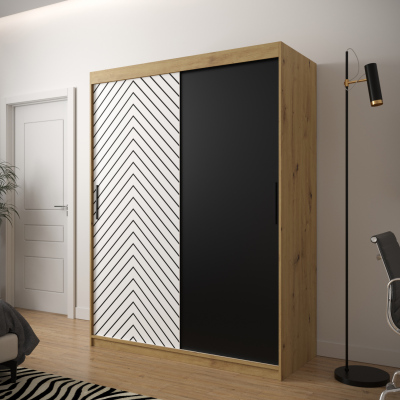 Šatní skříň s grafikou JANETTE 1 - šířka 150 cm, dub artisan / bílá / černá