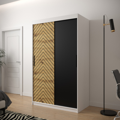 Šatní skříň s grafikou JANETTE 1 - šířka 120 cm, bílá / dub artisan / černá