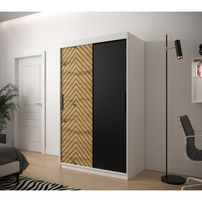 Šatní skříň s grafikou JANETTE 1 - šířka 120 cm, bílá / dub artisan / černá