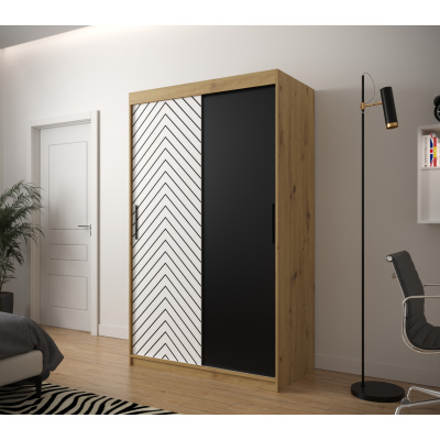 Šatní skříň s grafikou JANETTE 1 - šířka 120 cm, dub artisan / bílá / černá