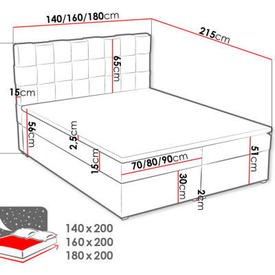 Kontinentální manželská postel 180x200 WARNOW 1 - červená + topper ZDARMA