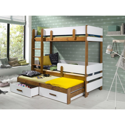 Dětská patrová postel se zábranou 90x200 HALVER 2 - bílá / dub, levé provedení