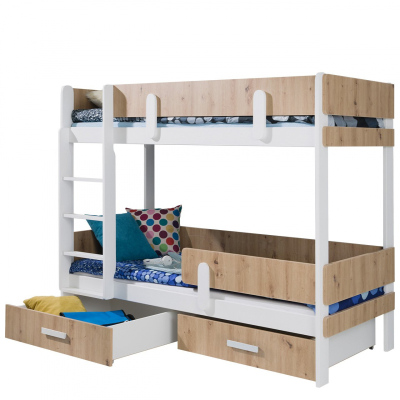 Dětská patrová postel se zábranou 90x200 HALVER 1 - bílá / dub artisan, pravé provedení