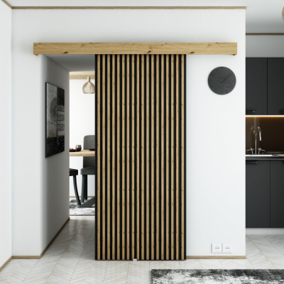 Posuvné dveře s lištami MILANIA - 90 cm, dub artisan / černé