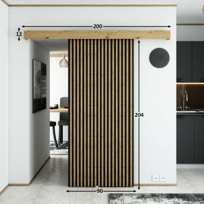 Posuvné dveře s lištami MILANIA - 90 cm, dub artisan / černé