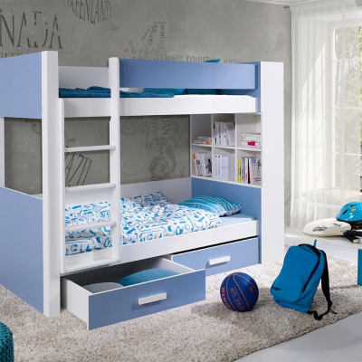 Dětská patrová postel se šuplíky 90x200 LEUN - bílá / modrá, pravé provedení